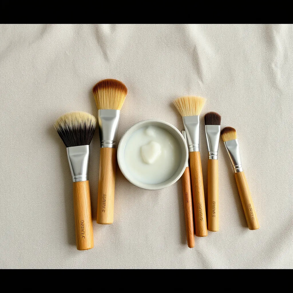 Eco-friendly makeup brushes with natural handles and soft bristles on a clean neutral tabletop