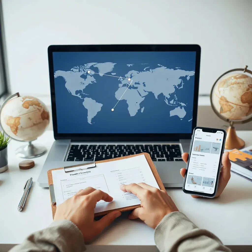 Hands reviewing product samples while a laptop shows a world map connected by supplier nodes