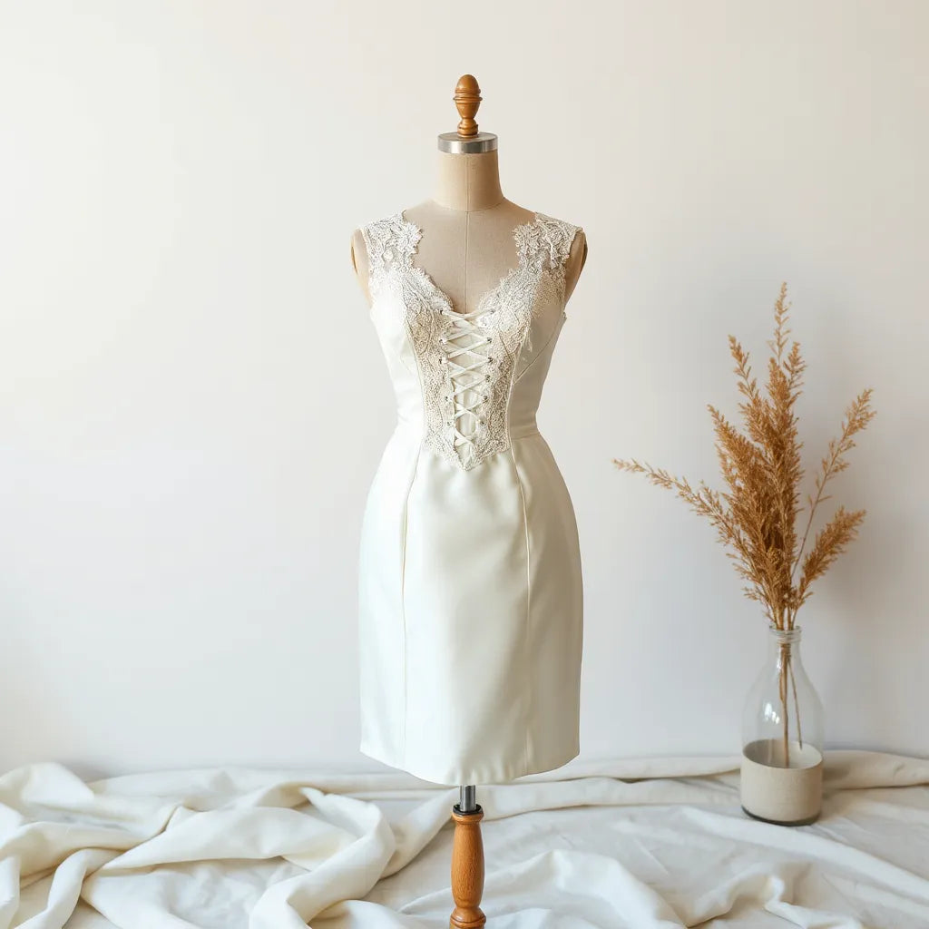 Fitted lace-up bridal dress on a dress form with a corset-style bodice and delicate lace detailing