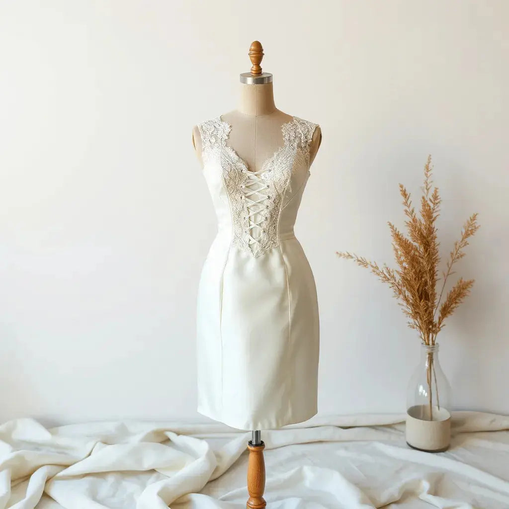 Fitted lace-up bridal dress on a dress form with a corset-style bodice and delicate lace detailing