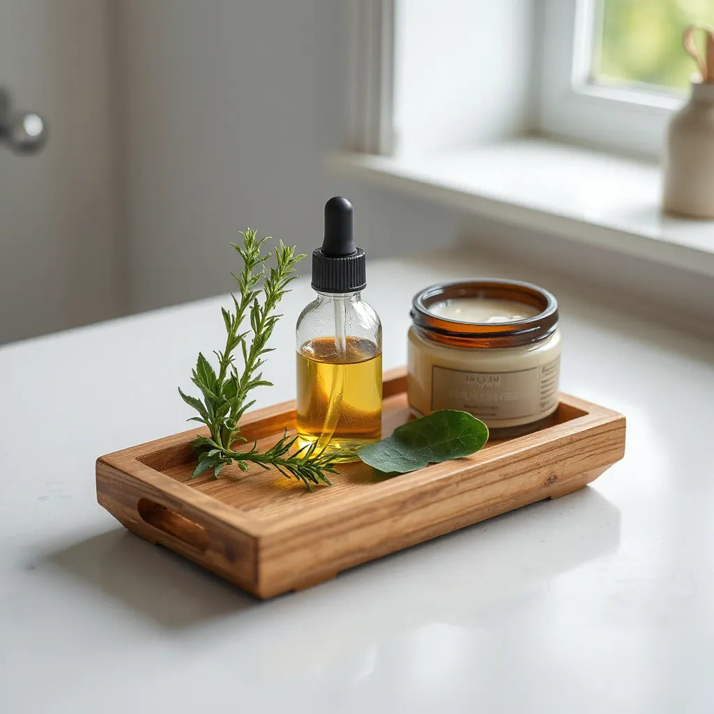 Glass dropper and jar of botanical hair oil with fresh rosemary and aloe on a clean countertop