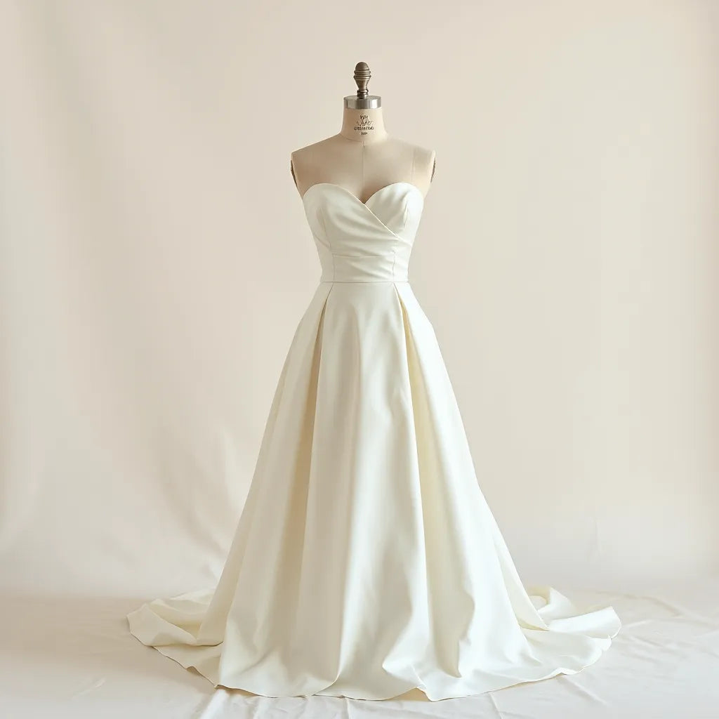 Strapless bridal gown on a minimalist mannequin with sweetheart neckline and fitted bodice