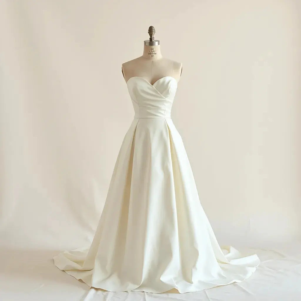 Strapless bridal gown on a minimalist mannequin with sweetheart neckline and fitted bodice