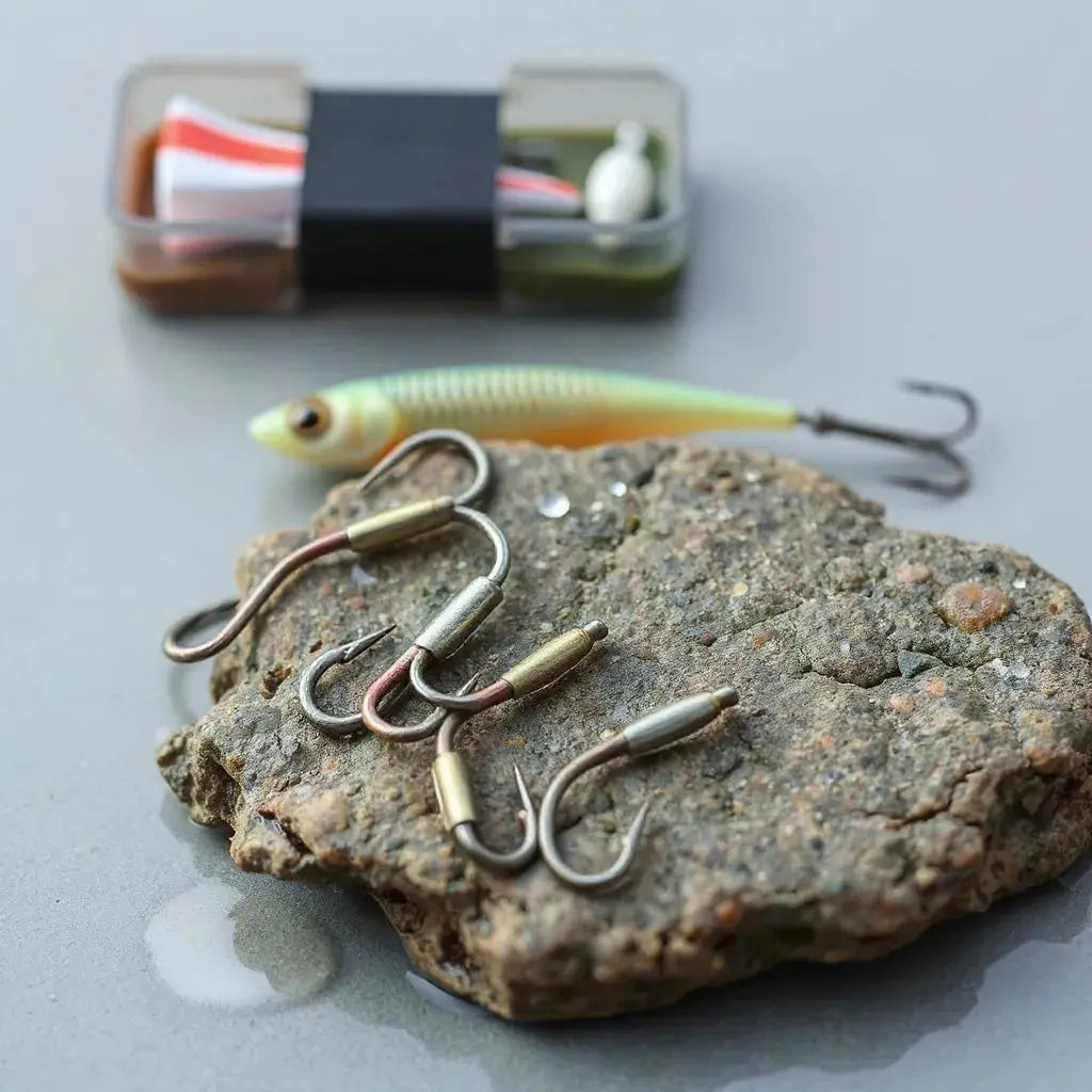Assorted salmon lure hooks in different sizes beside river rocks and bait