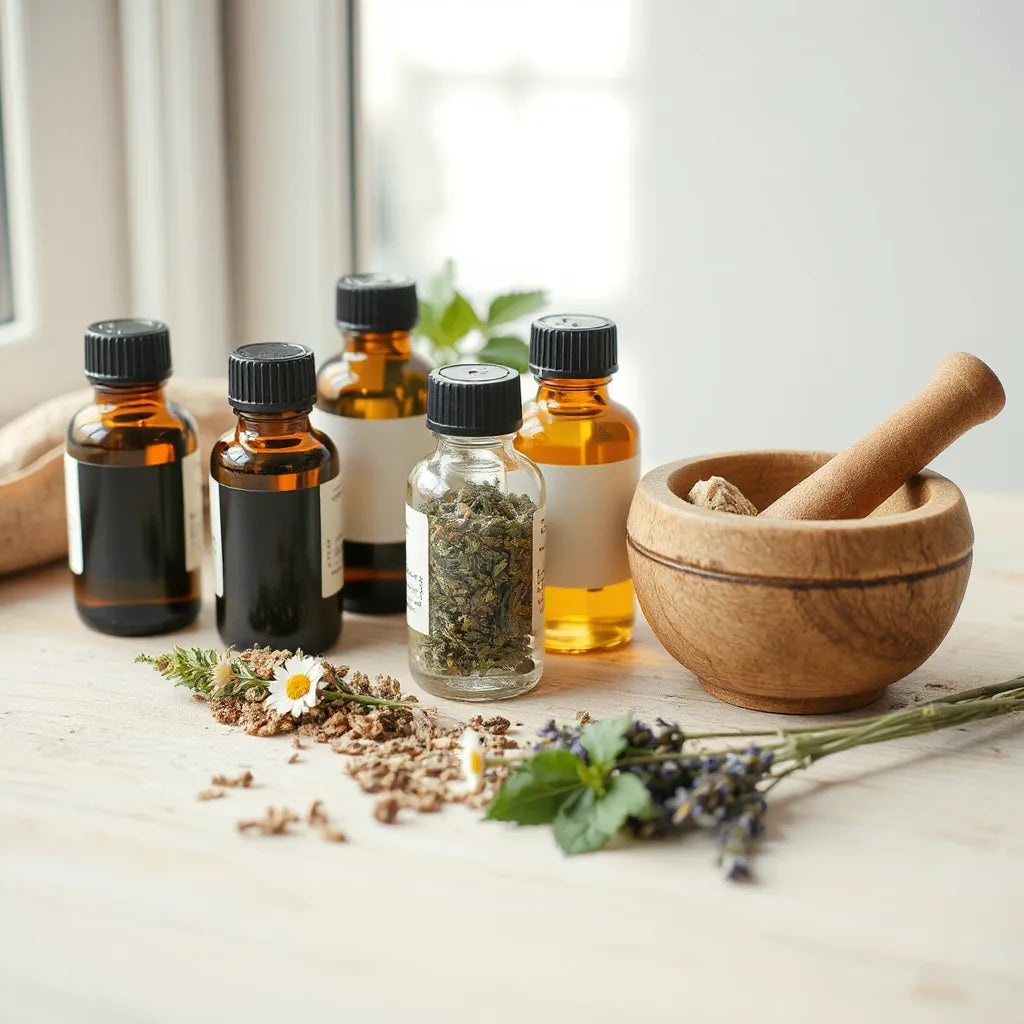 Glass herbal extract bottles with fresh and dried herbs on a light wood surface