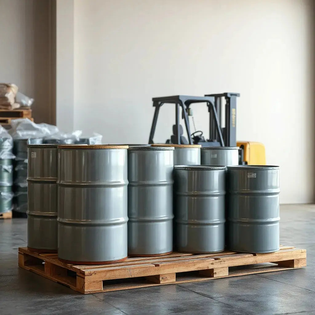High capacity industrial drums arranged on pallets in a warehouse with a forklift nearby