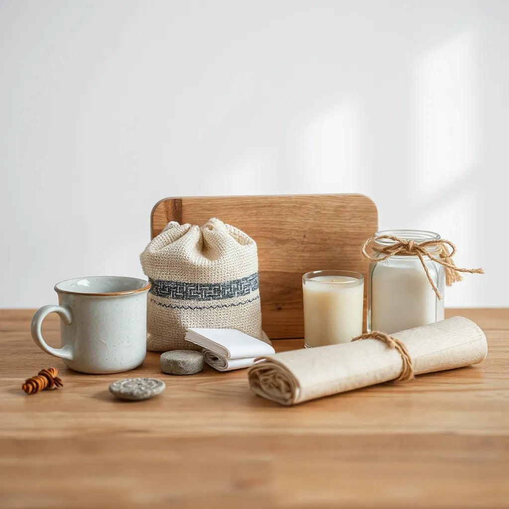 Handmade gift items on a wooden table: ceramic mug, candle, woven pouch, and cards