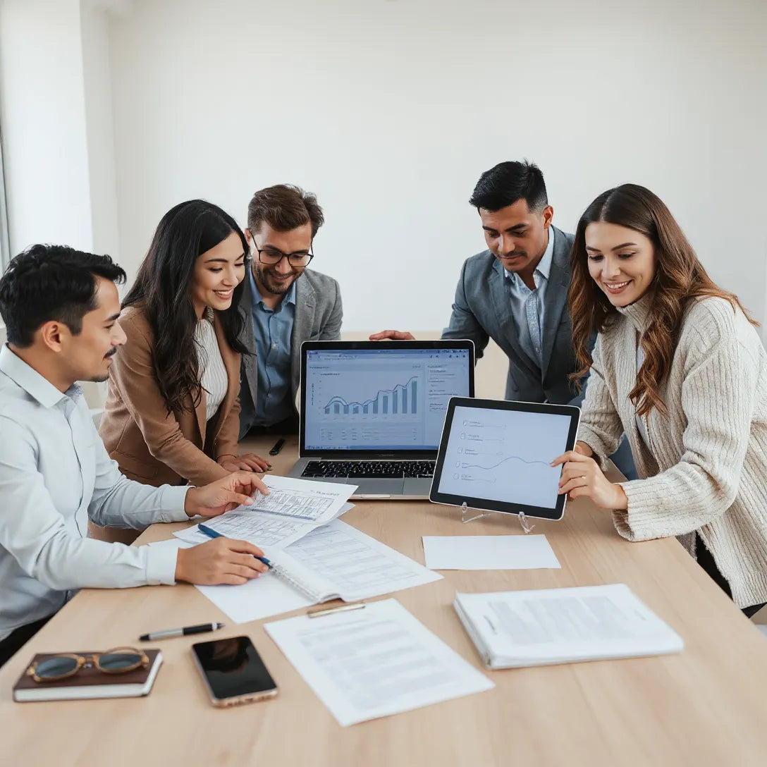 Team reviewing procurement dashboard and documents in a modern office during a supplier sourcing meeting