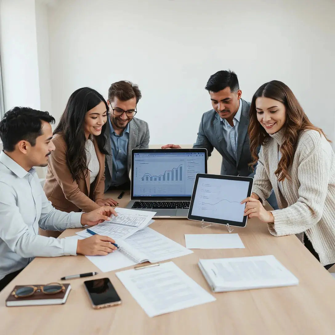 Team reviewing procurement dashboard and documents in a modern office during a supplier sourcing meeting