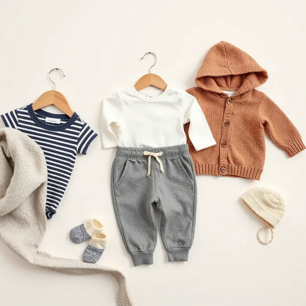Neatly folded trendy baby and kids outfits with socks and a knit hat on a neutral background