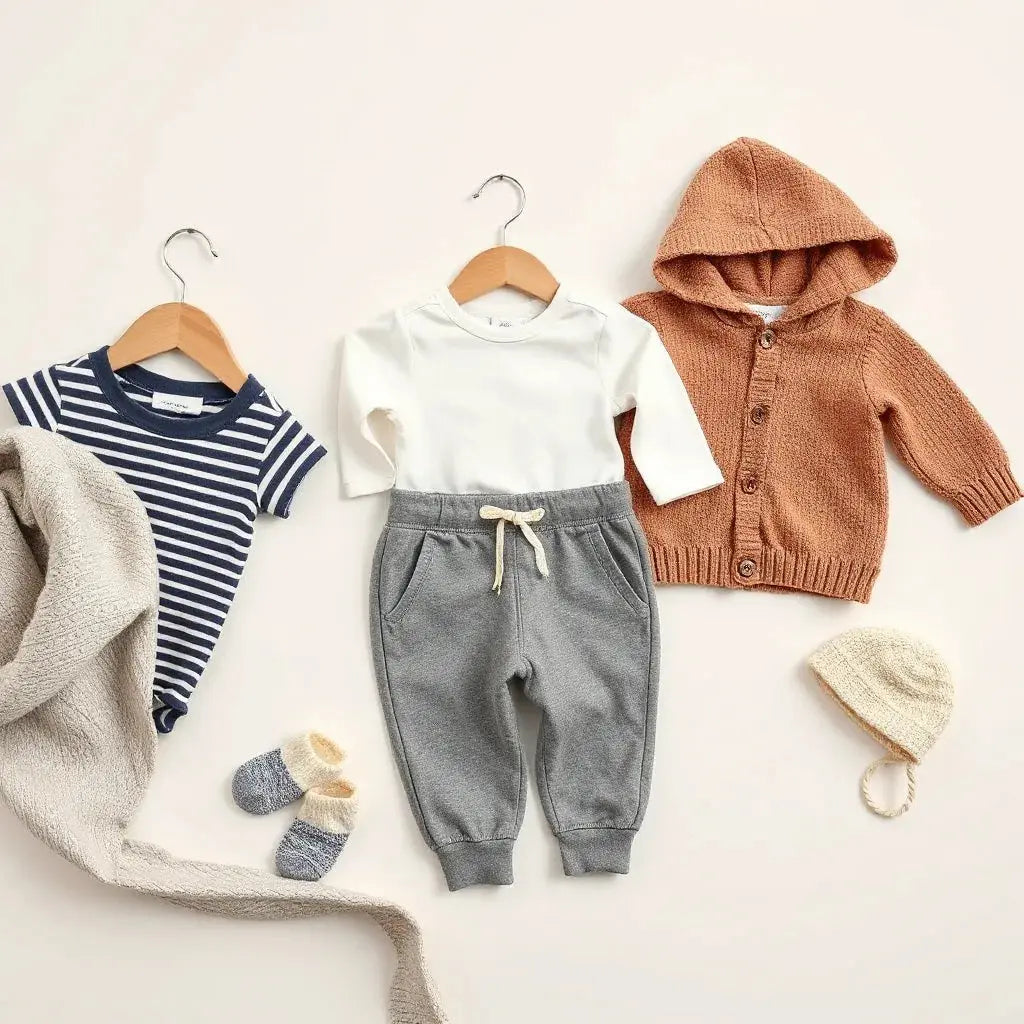 Neatly folded trendy baby and kids outfits with socks and a knit hat on a neutral background