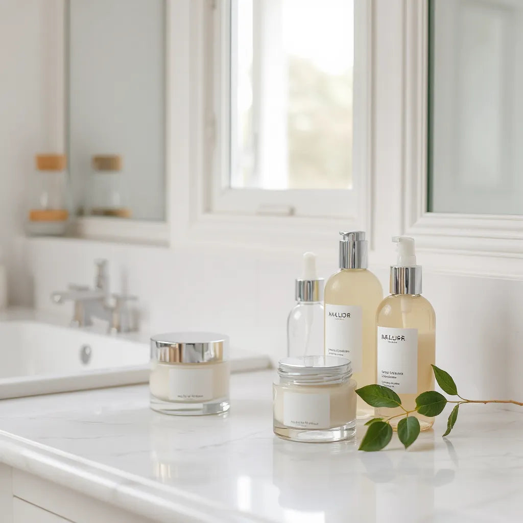 Glass skincare bottles and cream jar on a clean vanity with soft botanical accents