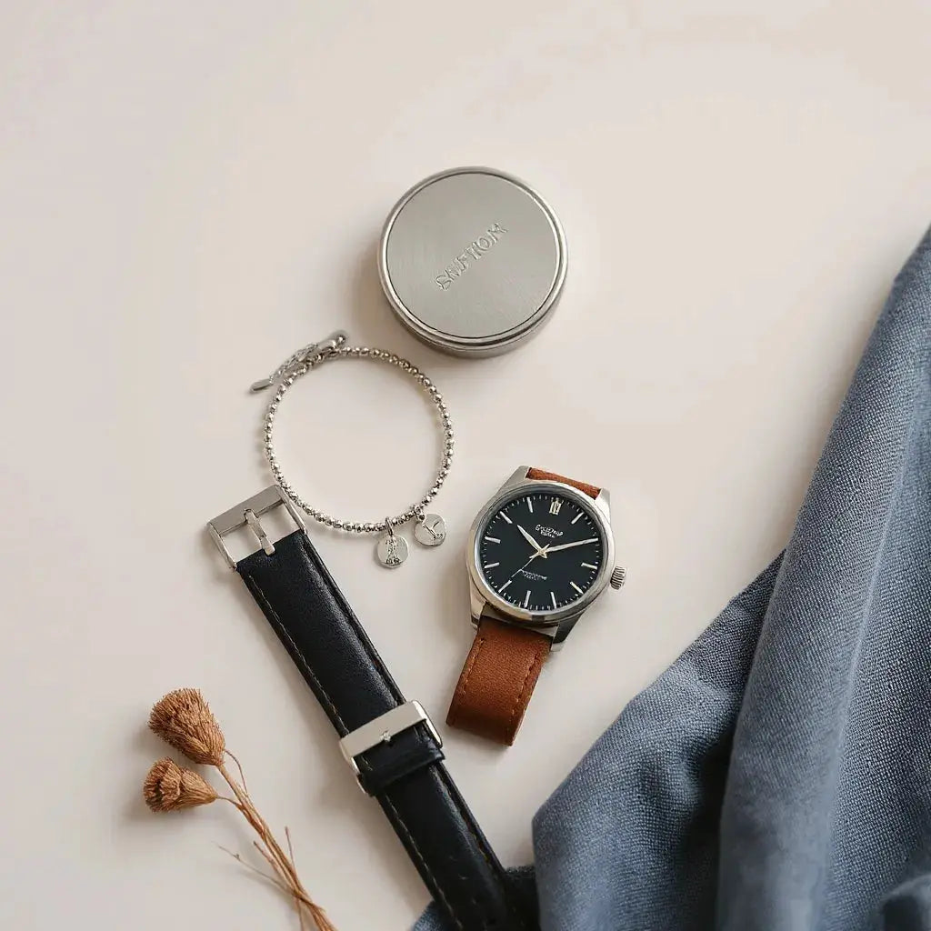 Engraved bracelet and a refined wristwatch with a custom strap on a clean neutral background