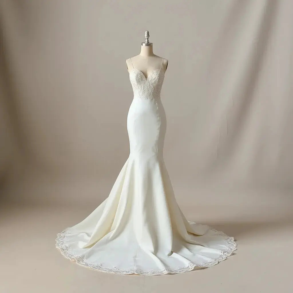 Mermaid wedding gown on a mannequin with lace bodice and flared silhouette train