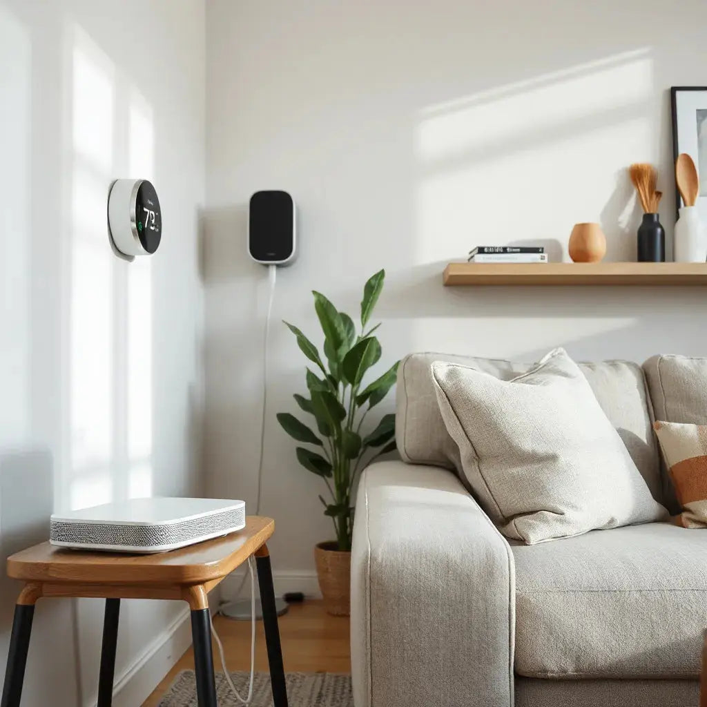 Smart hub, thermostat, and smart speaker in a modern living room