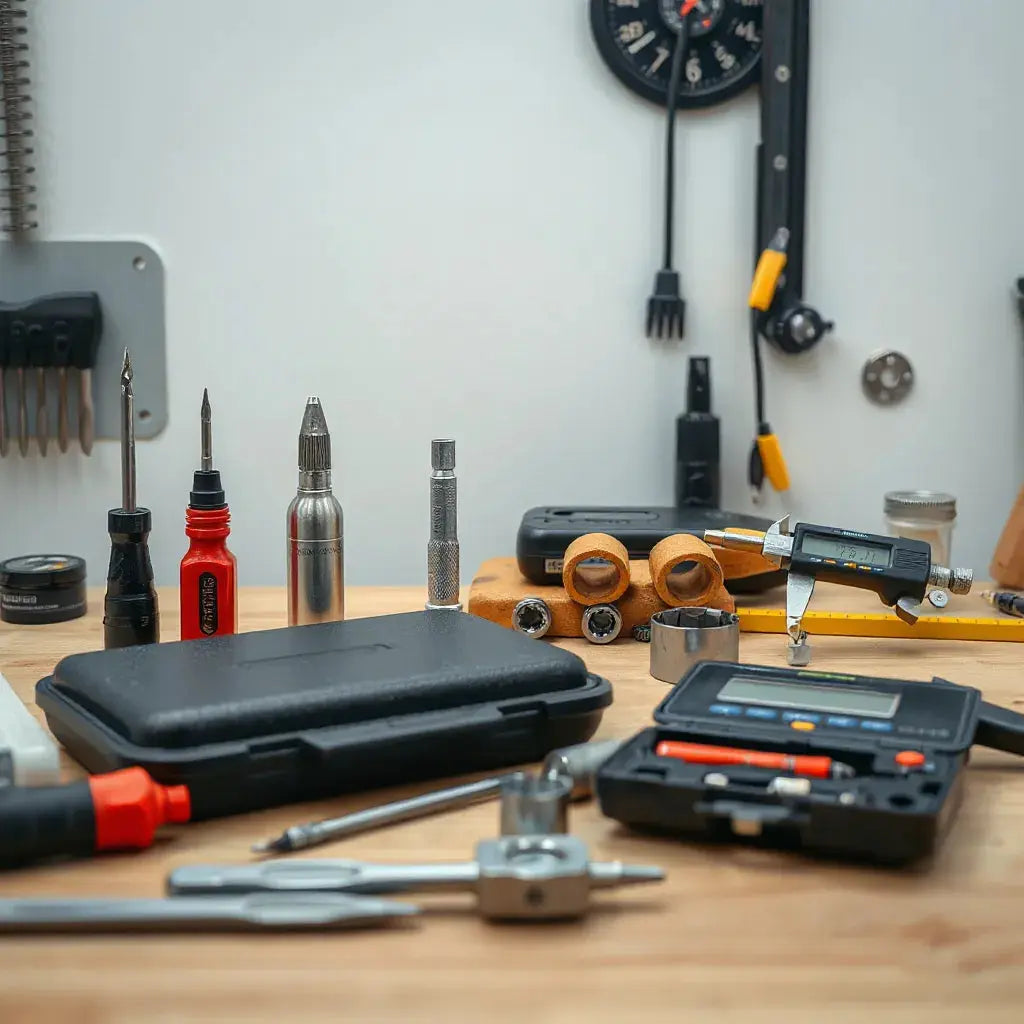 Clean workbench with precision measuring tools and torque wrench arranged for professional hardware work