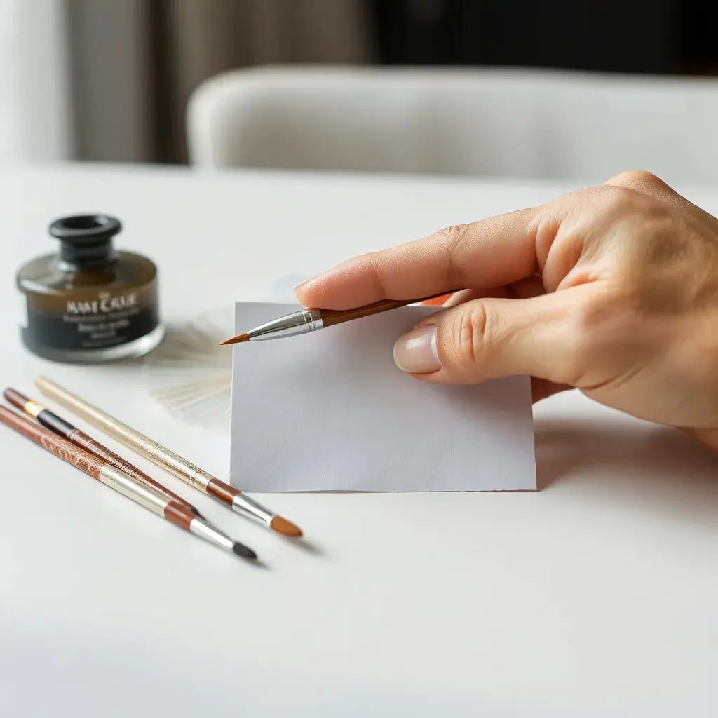 Acrylic nail brushes with different bristle shapes on a clean white workspace