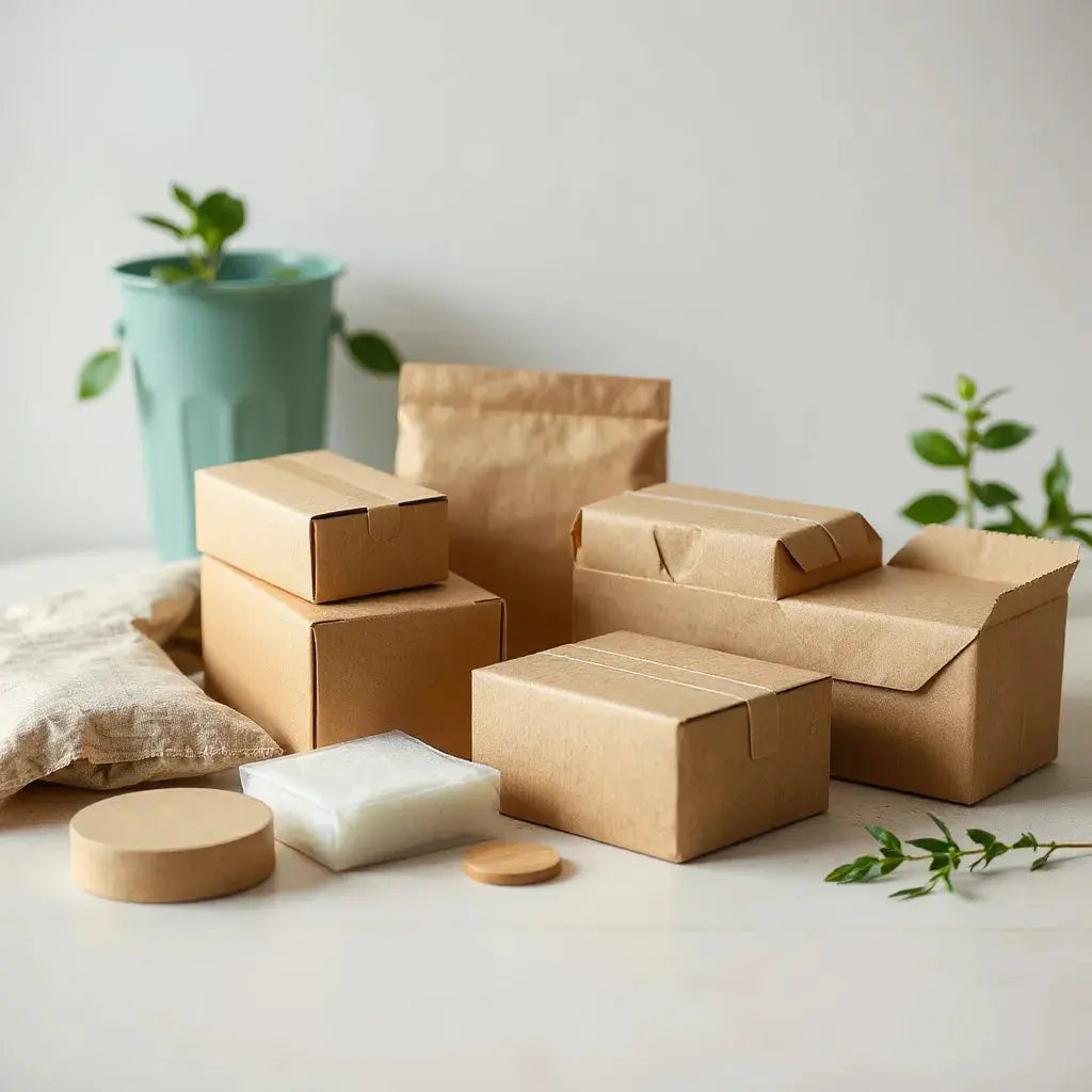 Recycled paper mailers and kraft boxes with compostable cushioning on a clean tabletop
