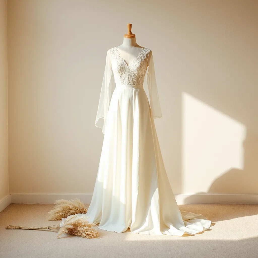 Vintage ivory lace wedding dress on a dress form with a veil and neutral bouquet in soft light