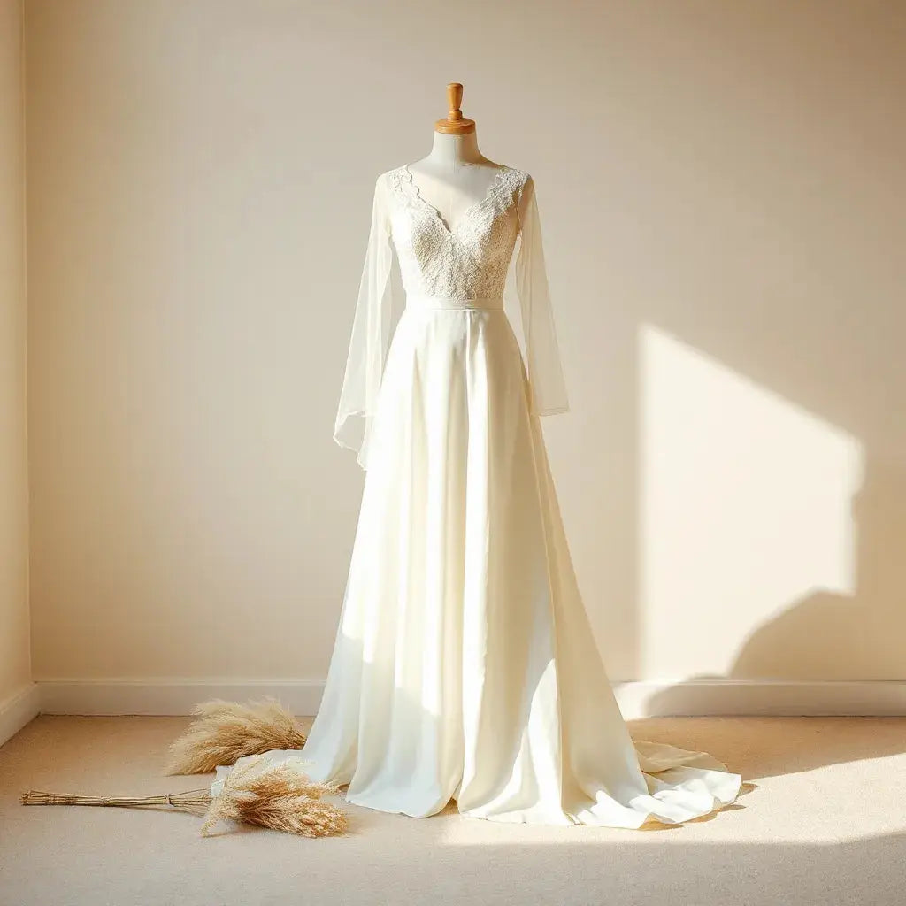Vintage ivory lace wedding dress on a dress form with a veil and neutral bouquet in soft light