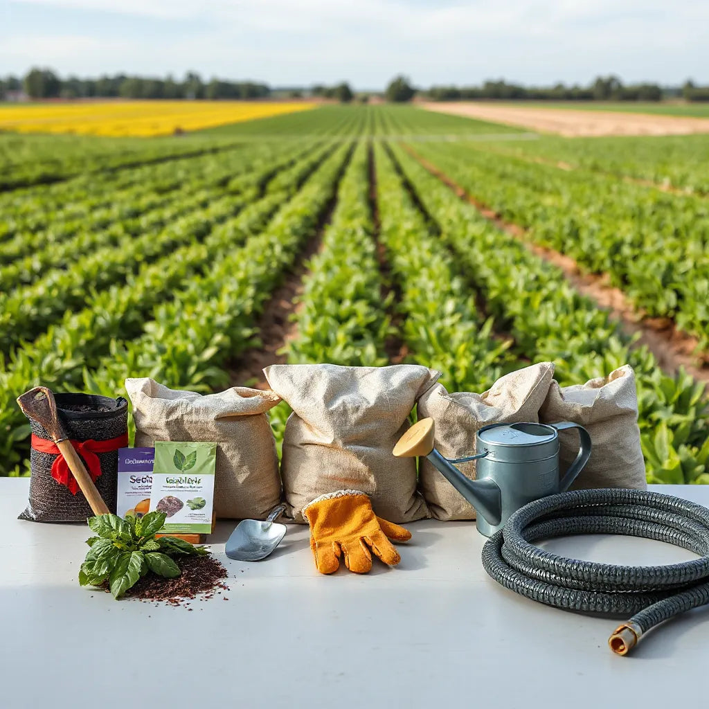 Assorted agriculture supplies like soil, seeds, gloves, and watering tools beside a green crop field