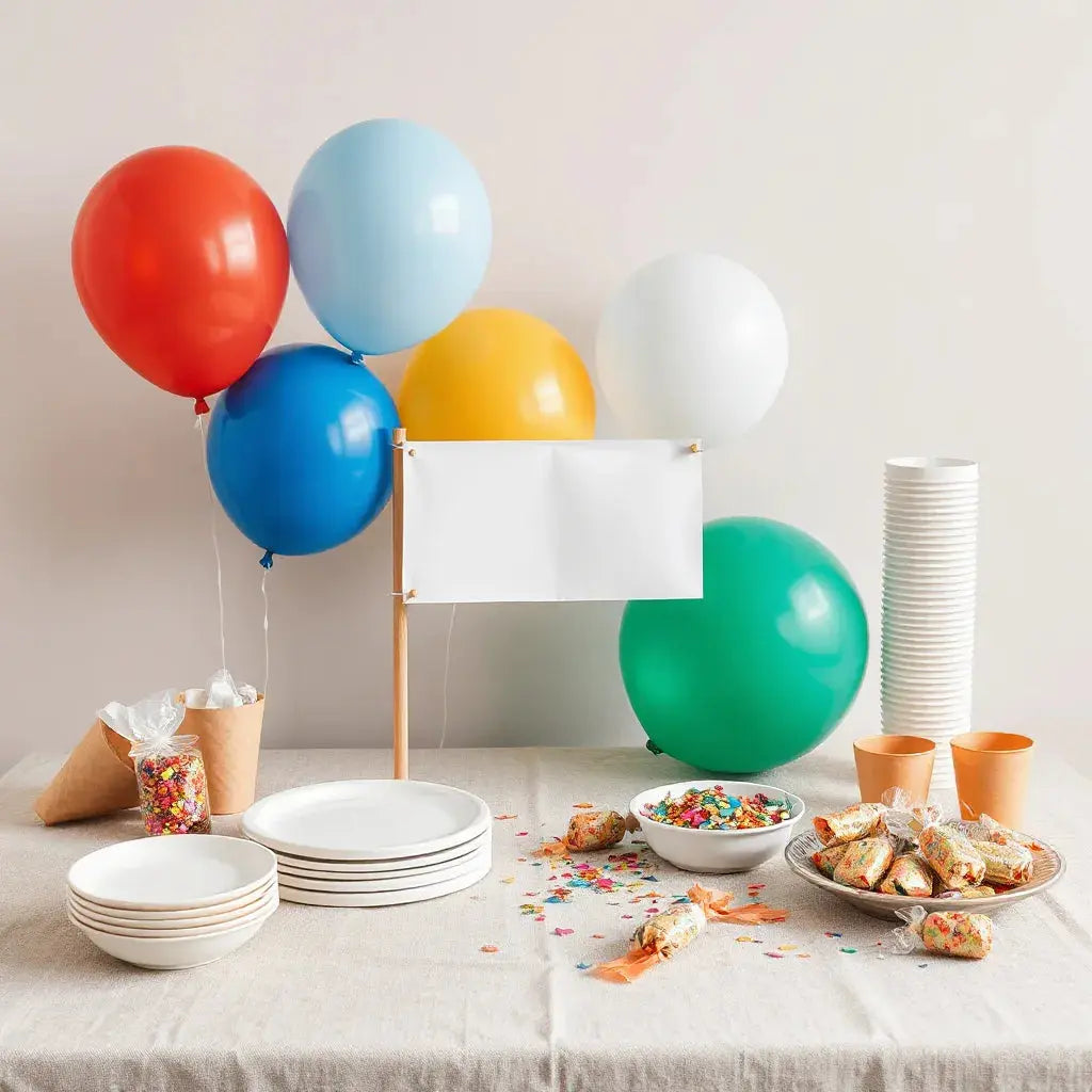 Neatly arranged party supplies for events: balloons, tableware, lights, and favors on a clean tabletop