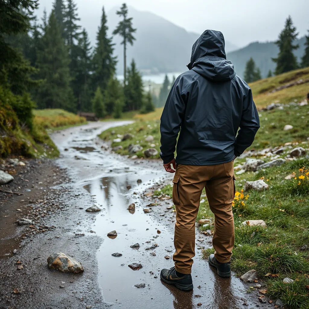 Person wearing waterproof jacket and pants standing on a rainy mountain trail