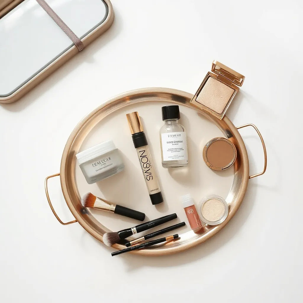 Skincare and makeup essentials arranged on a neutral vanity tray under soft natural light