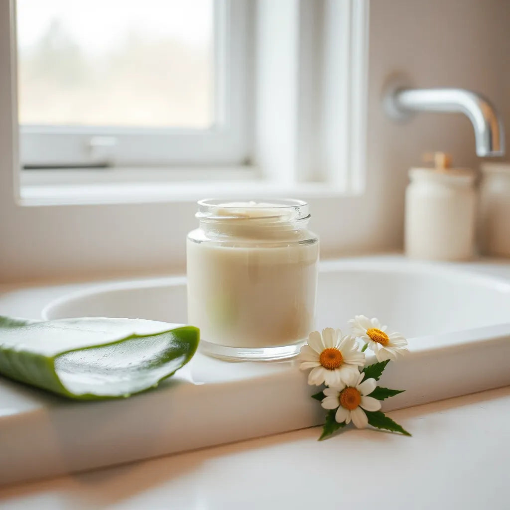 Natural face moisturizer jar beside fresh aloe and chamomile on a clean vanity
