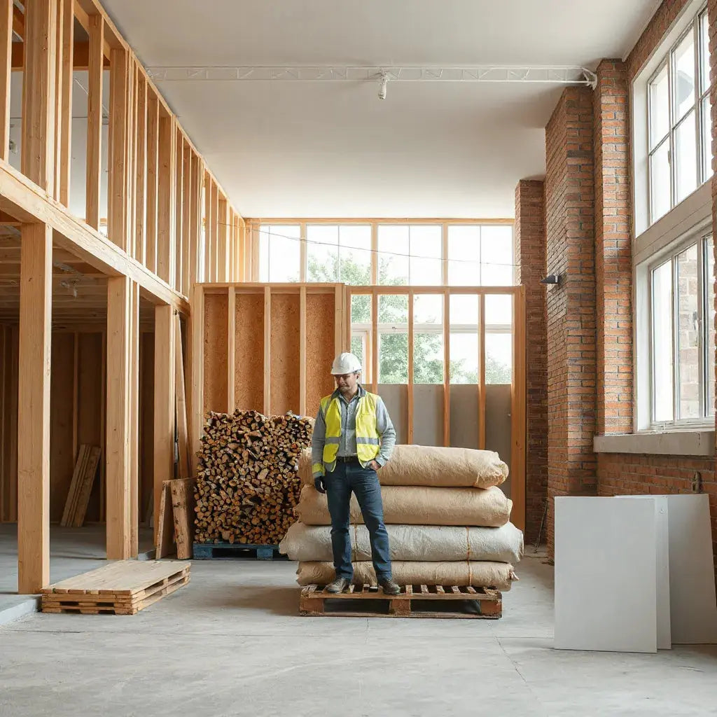 Modern building under construction with stacked timber, natural insulation, and eco-friendly panels