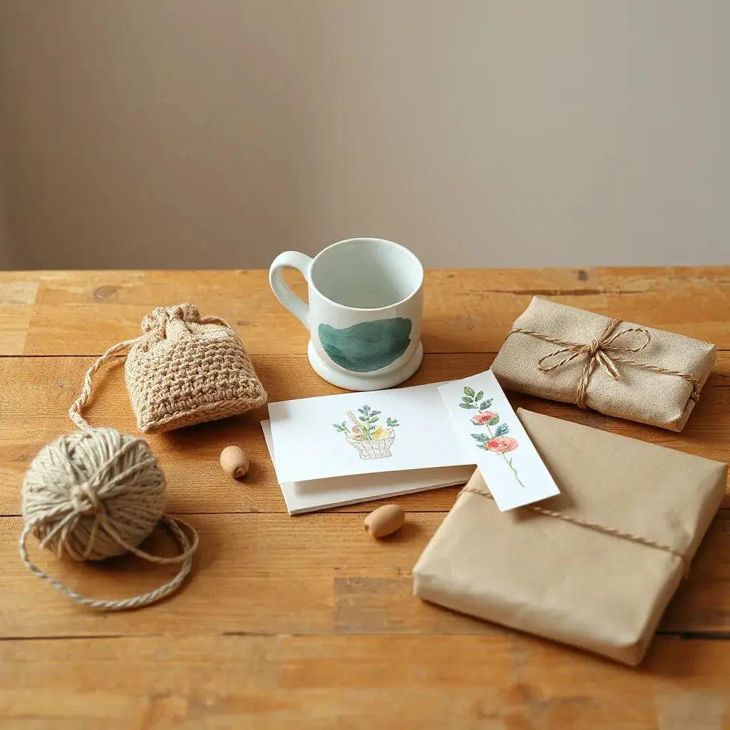Handmade crafts and gift items on a wooden table with natural daylight