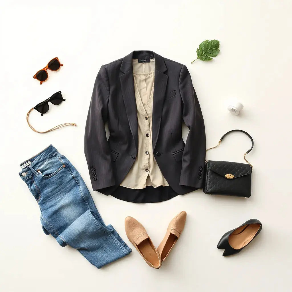 Tailored blazer, jeans, crossbody bag, sunglasses, and bracelet arranged in a clean fashion flat lay