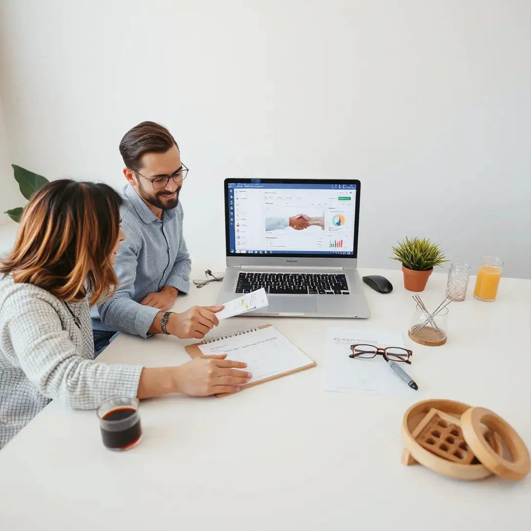 Procurement team reviewing sourcing checklist and product samples with a laptop and handshake gesture in the background