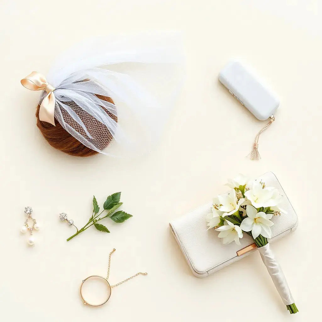 Modern veil, pearl earrings, and minimalist bridal accessories arranged on a soft neutral background