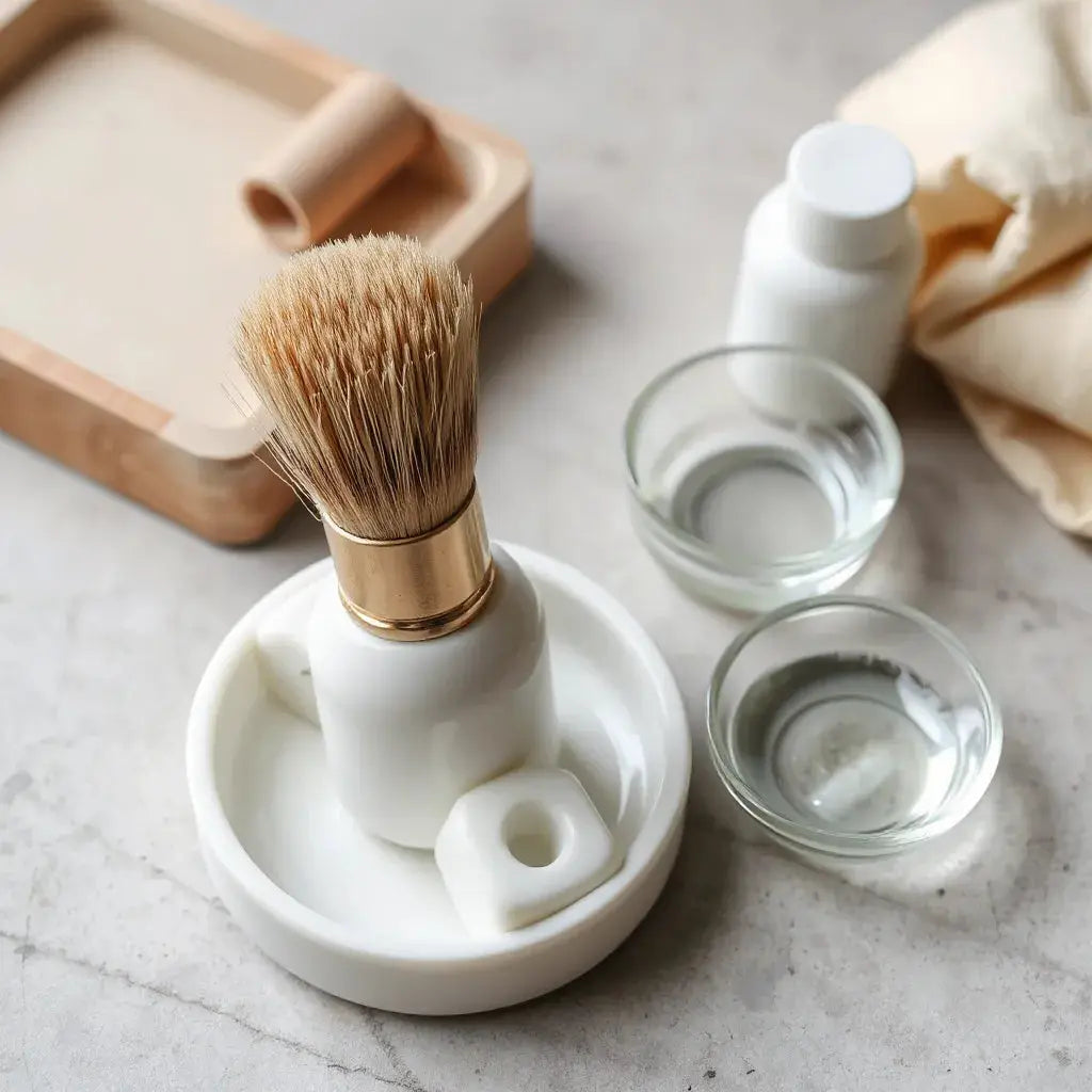 Fine kolinsky nail brush with tapered bristles on a clean manicure tray beside nail cleanser