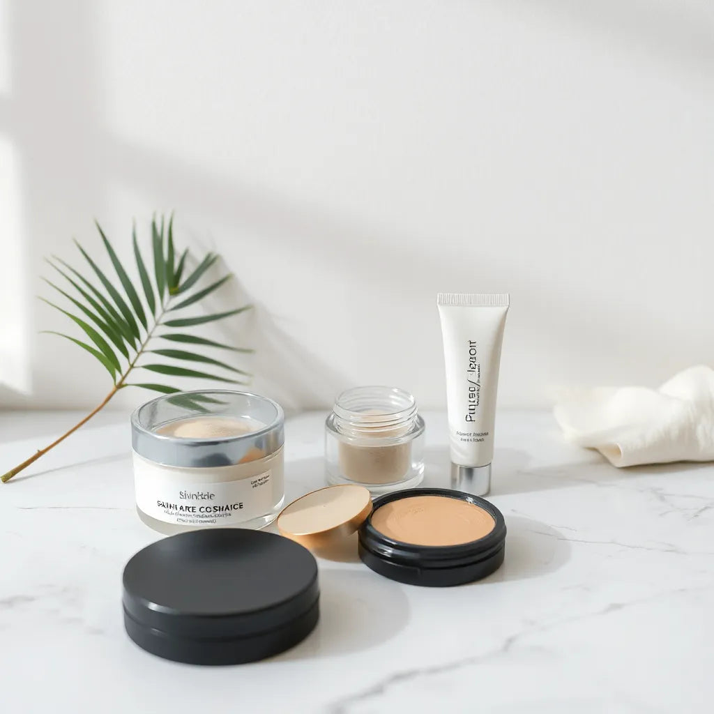 Assorted skincare and makeup products on a clean countertop with natural leaf accents