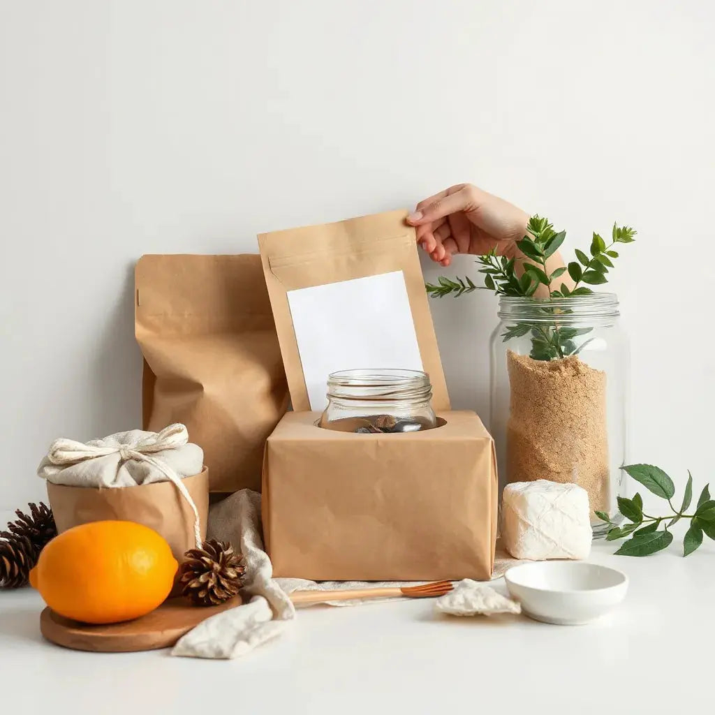 Eco-friendly mailer and recycled paper packing materials arranged at a clean packing station