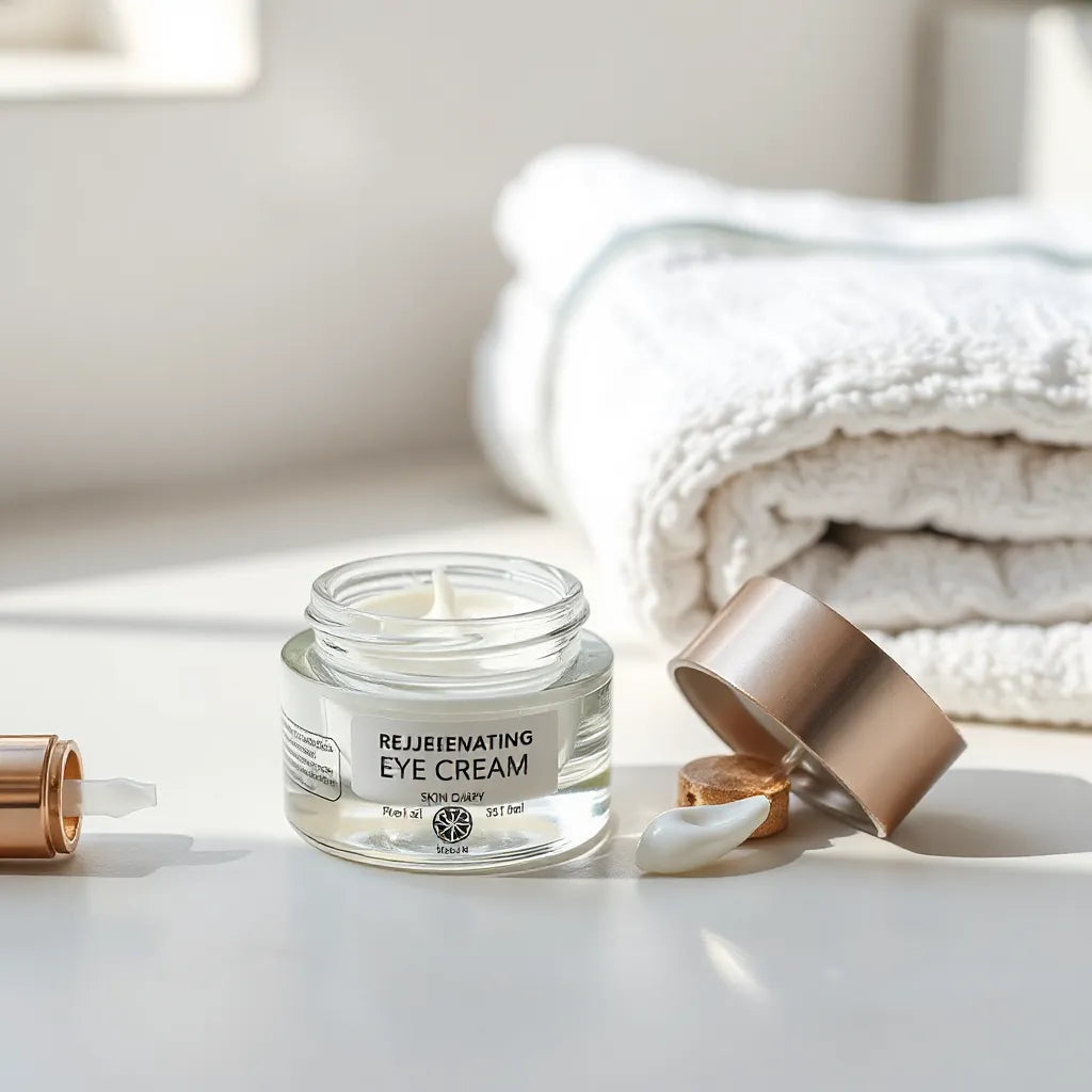 Small jar of eye cream with applicator on a clean vanity under soft natural light