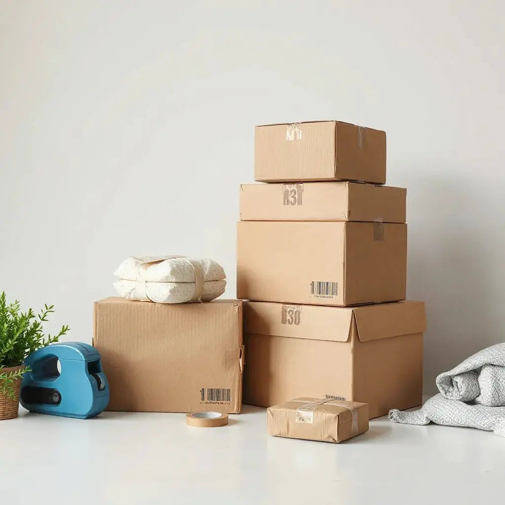 Recycled cardboard shipping boxes with paper cushioning and recyclable tape on a clean studio background