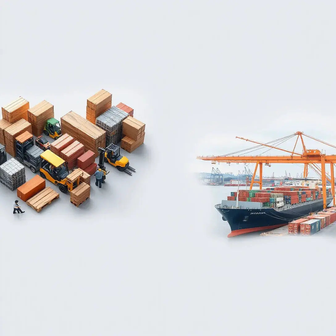 Split scene showing local warehouse operations on one side and global container logistics on the other.
