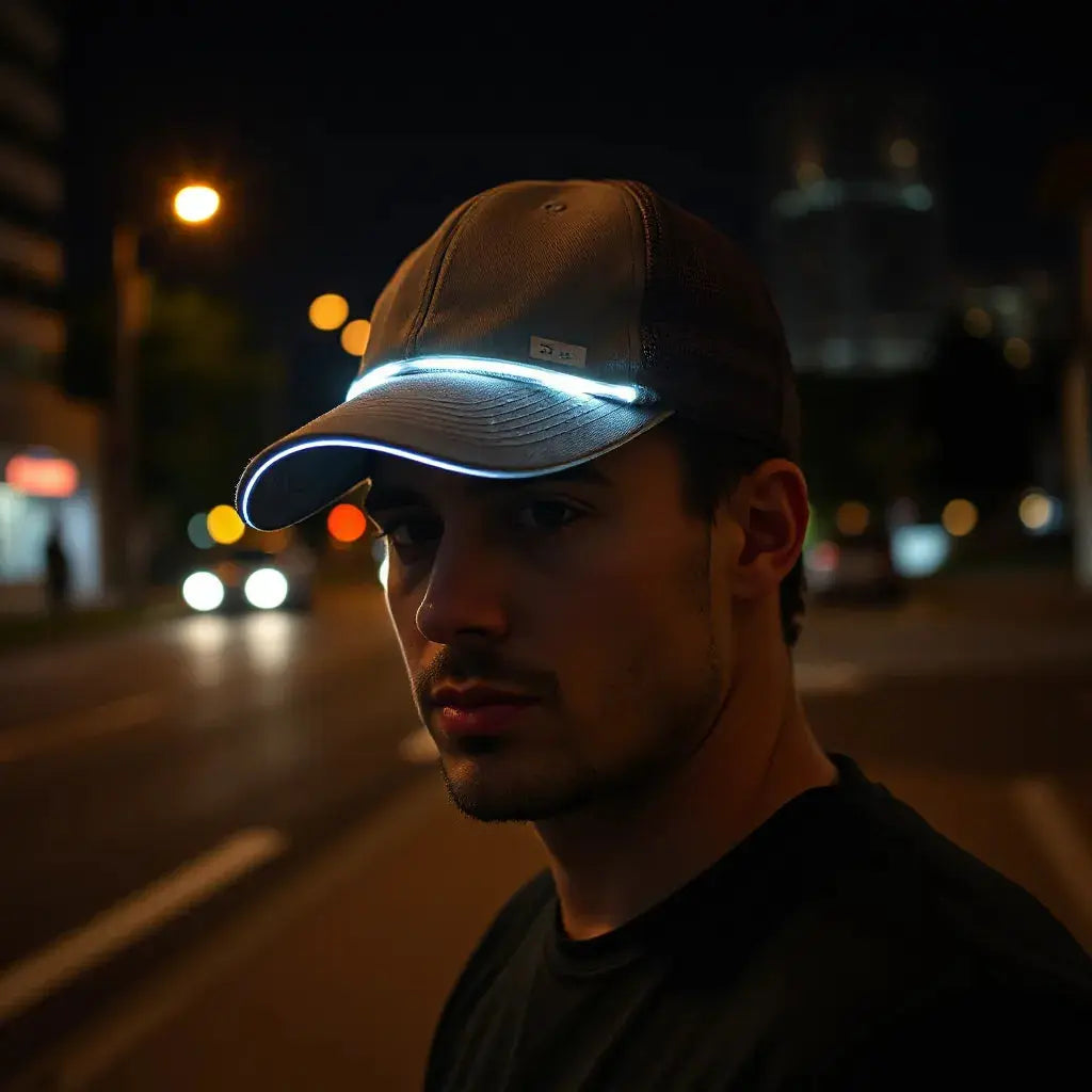 Casual cap with subtle LEDs glowing along the brim on a night street