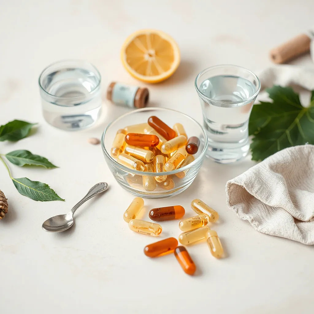 Assorted supplement capsules with a small spoon and water on a light background
