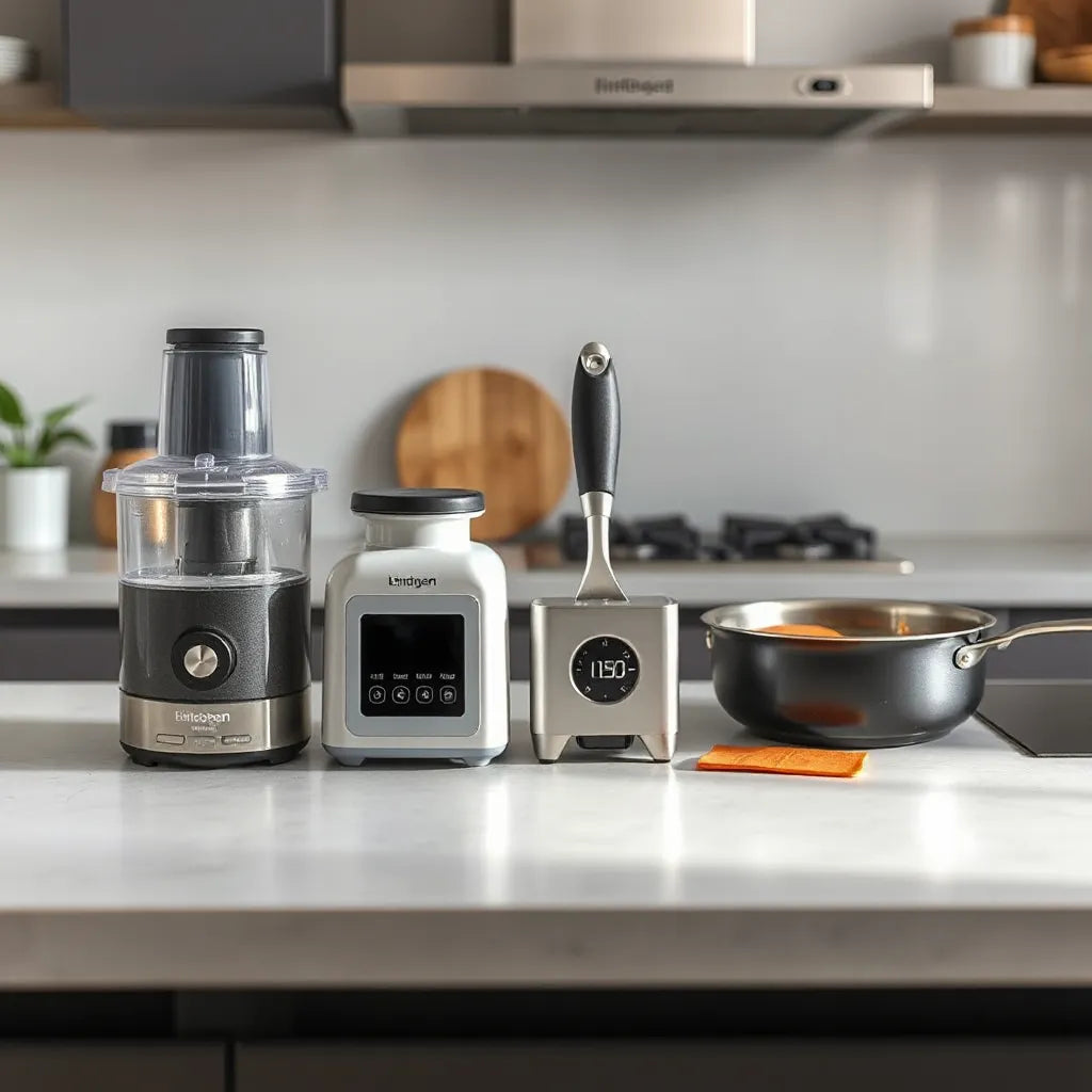 Modern countertop with innovative cooking tools like a food chopper and smart temperature wand