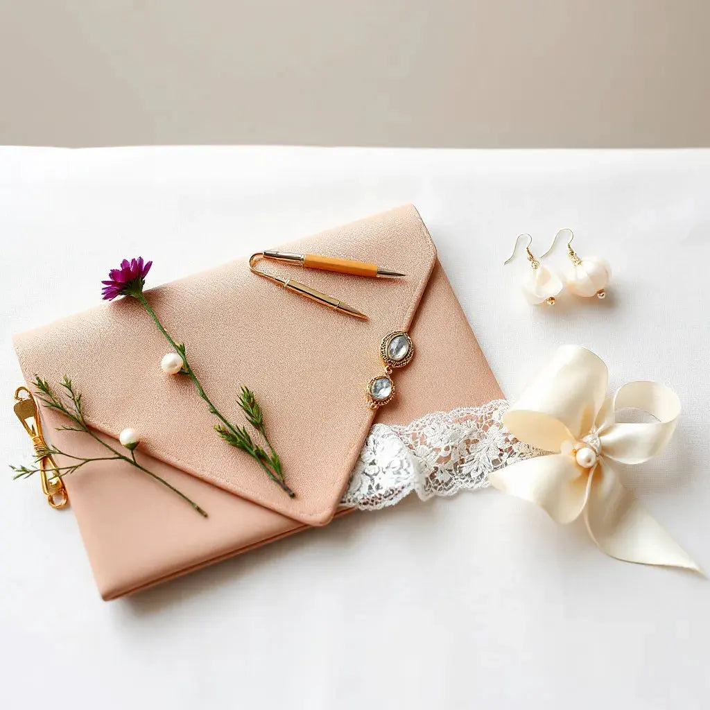 Bridal accessories flat lay with pearl hair comb, earrings, garter, and satin clutch on a neutral background
