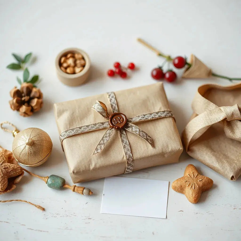 A neatly wrapped gift with custom ribbon and textured paper on a clean tabletop