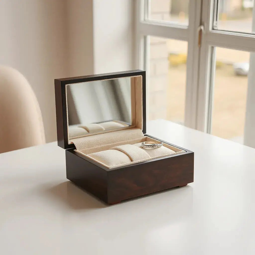 Open luxury jewelry box with velvet-lined compartments and subtle gold accents on a neutral tabletop