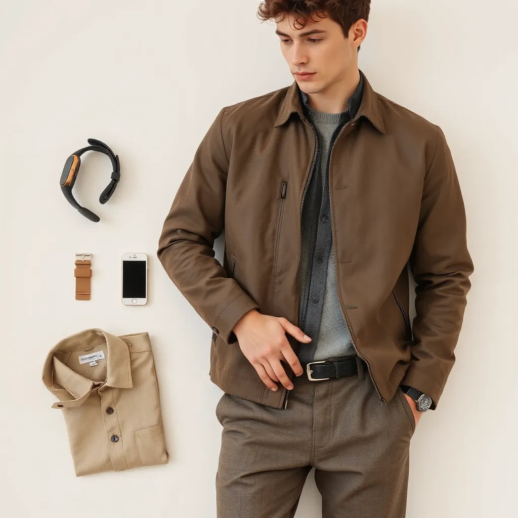 Model wearing sleek smart jacket and minimalist wearable tech accessories in a clean studio setting.