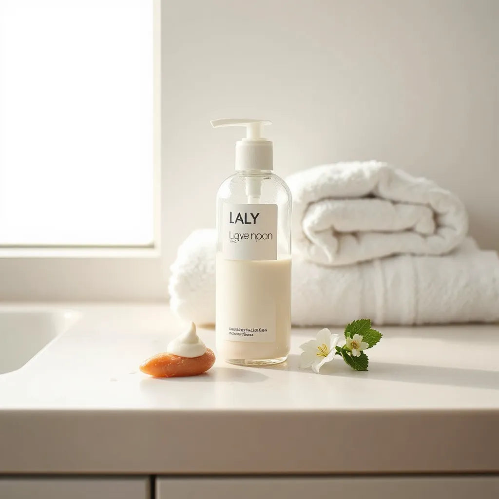 Pump bottle of moisturizing body lotion with a small lotion drop on fingertips beside a white towel