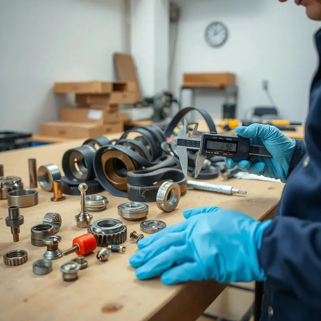 Engineer inspecting affordable machinery components on a clean workshop workbench