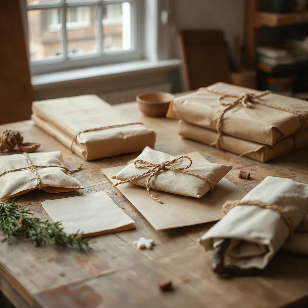 Handmade kraft packaging with custom inserts and wax-sealed envelope on a craft worktable